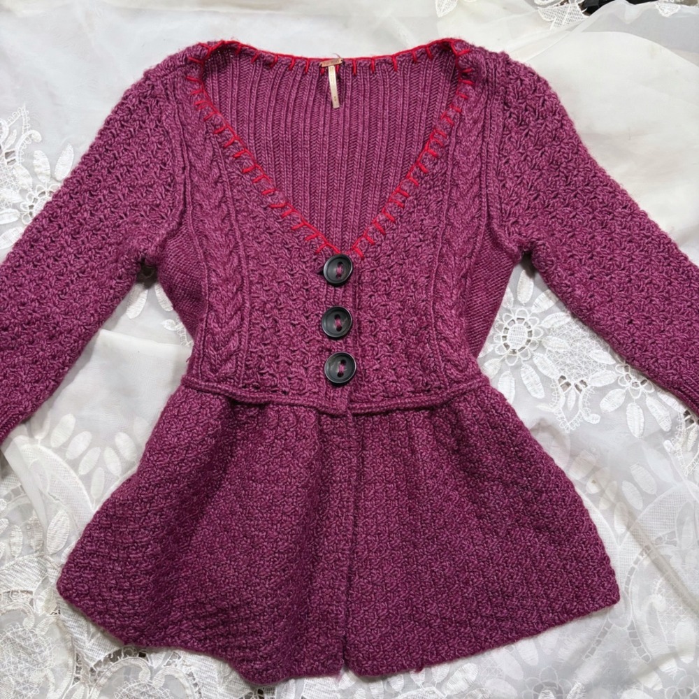 Free People Purple Wool Cable Knit Peplum Cardigan Sweater Red Stitching XS